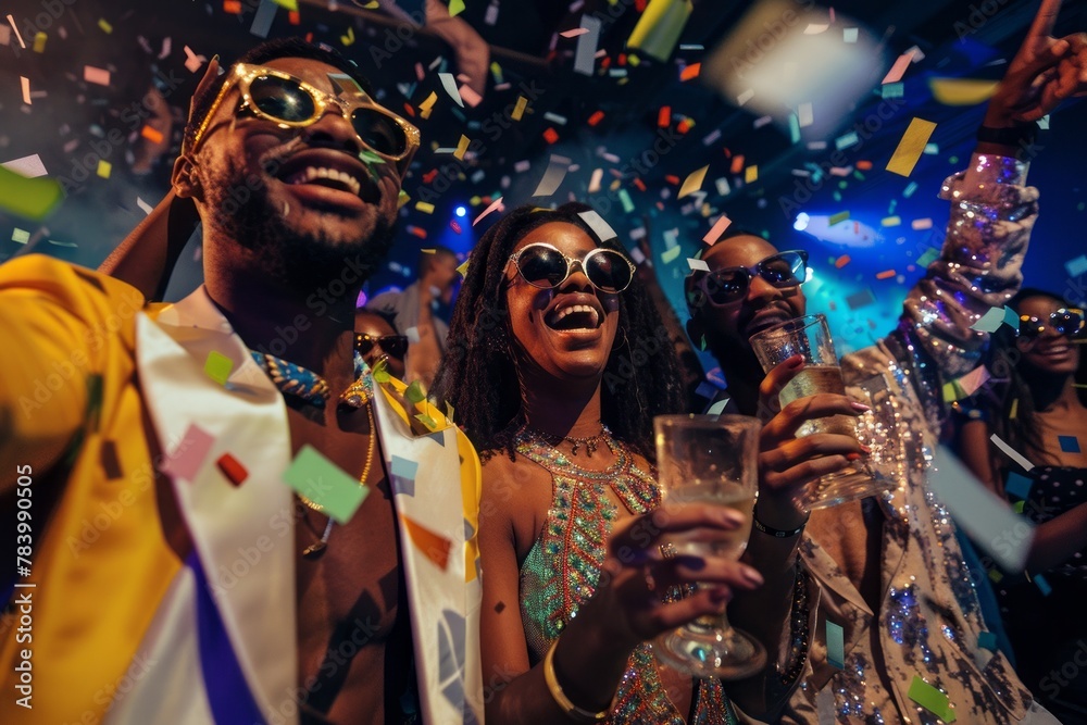The image captures the euphoria of a diverse group of people celebrating with colorful confetti and festive joy at a lively party