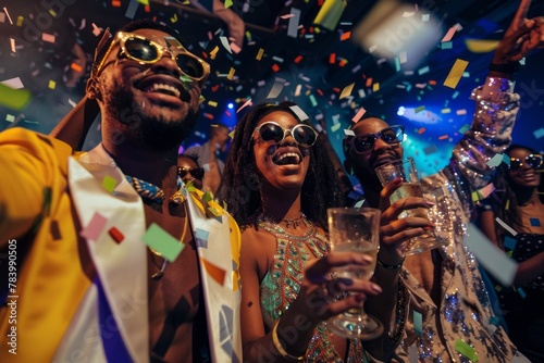 The image captures the euphoria of a diverse group of people celebrating with colorful confetti and festive joy at a lively party