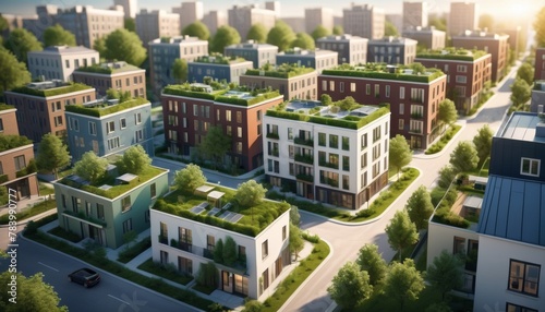 Modern residential buildings with green rooftops, bathed in golden hour light, symbolize sustainable urban living.. AI Generation. AI Generation