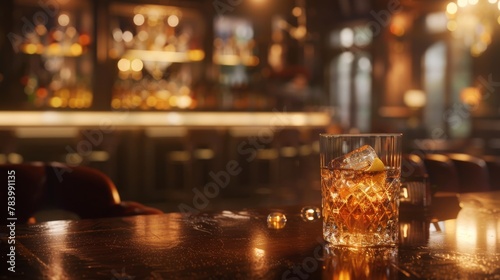 Elegant Whiskey Glass on Classic Bar Counter