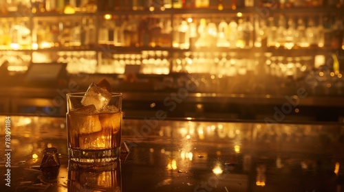 Vintage Crystal Whiskey Glass on Reflective Bar
