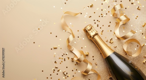 Festive image of a champagne bottle with cascading golden ribbons and glitter, capturing the spirit of celebration and achievement on a beige background