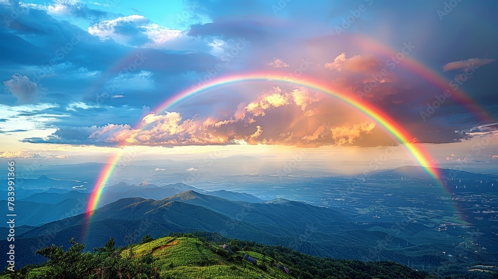   Two rainbows arc over a mountain range, with mountains visible in the foreground