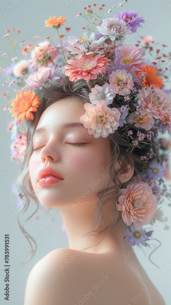 A woman with a flowery headdress is wearing a pink lipstick. The image is a close up of the woman's face, and the flowers are in various colors, including pink, orange, and white