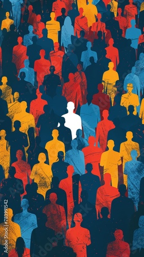 A group of people are painted in a variety of colors, with one person standing out as the only white figure. Concept of loneliness and isolation
