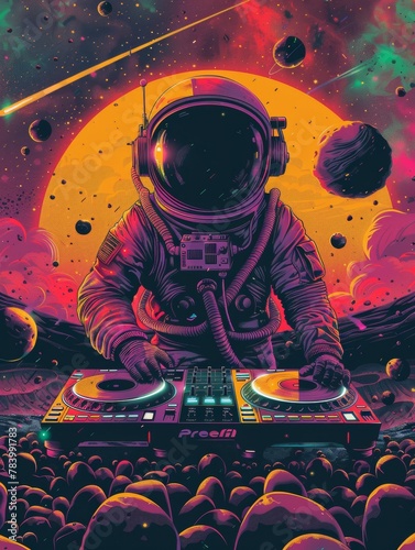A man in a space suit is playing a DJ set on a planet. The image is a colorful and vibrant representation of a futuristic space scene