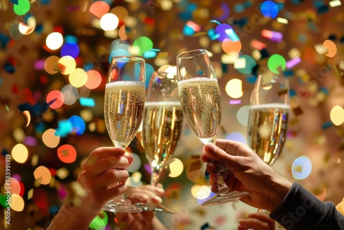 A joyful image captures hands lifting champagne glasses with a shower of colorful confetti creating a festive atmosphere