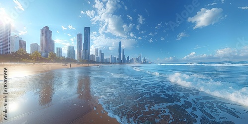 Waterfront skyline overlooks the ocean, blending modern skyscrapers with a scenic beach.