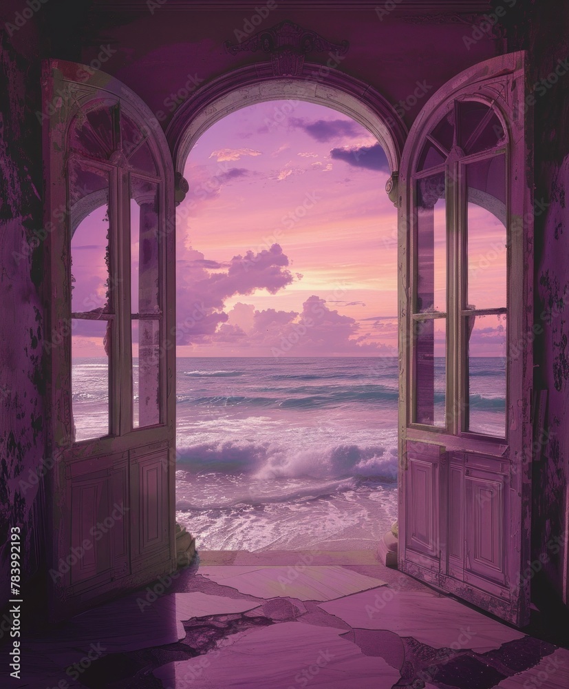 A dreamy, artistic depiction of a vibrant sea view through open, timeworn windows of an abandoned space