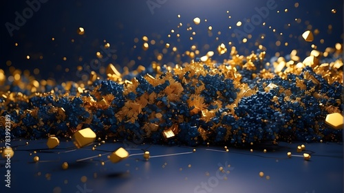 abstract background featuring gold and dark blue particles. Contemporary abstract digital 3D background. Suitable for describing technological processes, digital storage, network capabilities, photo