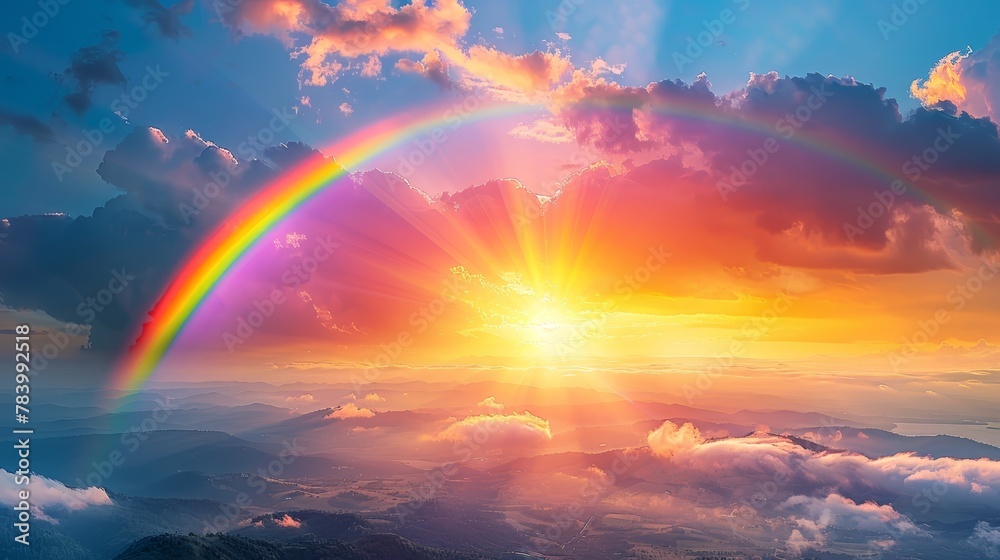   A rainbow gleams vividly in the sky, above mountain peaks Sunset colors the valley below as the sun recedes