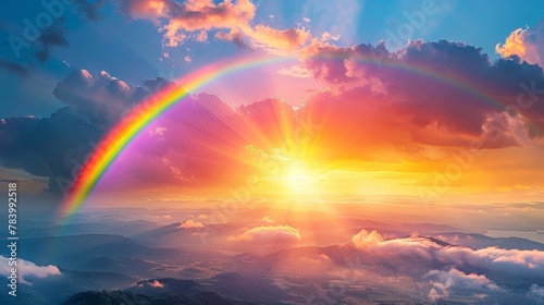   A rainbow gleams vividly in the sky, above mountain peaks Sunset colors the valley below as the sun recedes © Anna