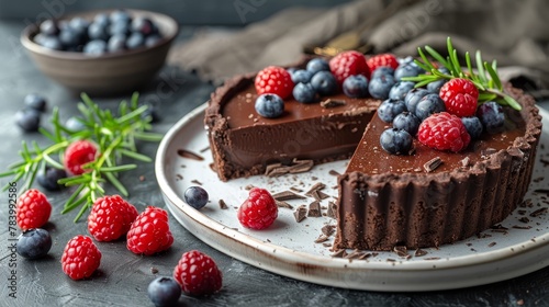   A chocolate cake garnished with raspberries and blueberries on a plate Nearby, a bowl of fresh raspberries