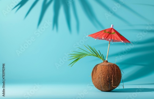 A coconut with a tiny red umbrella and palm leaf is staged on a bright blue background, evoking a tropical getaway feeling