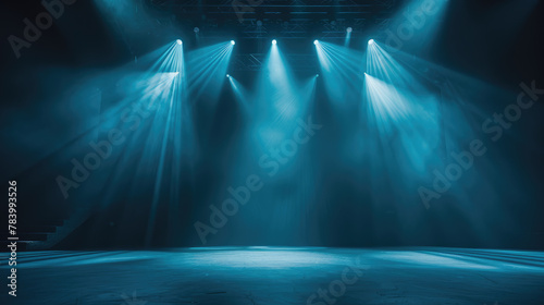 Empty stage with dramatic lighting and atmospheric smoke