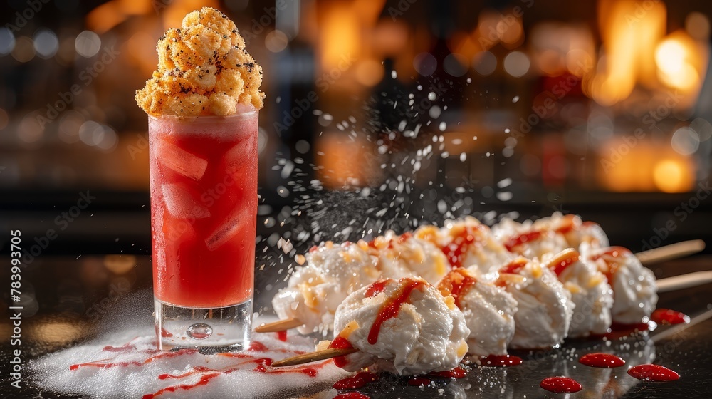 a plate filled with food, a glass holding a drink, and a dusting of sugar