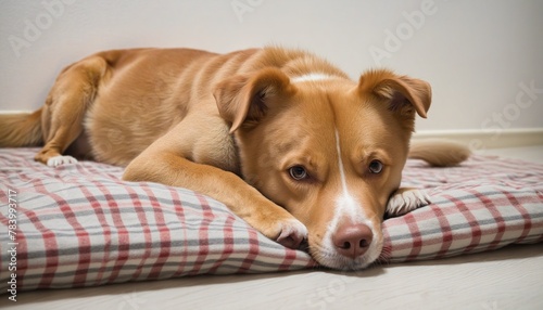 A cute young red dog lies in Bright Colours 