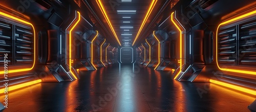 The dark background of the interior space of a science fiction room with a bright neon orange color. 3D illustration. © Mas
