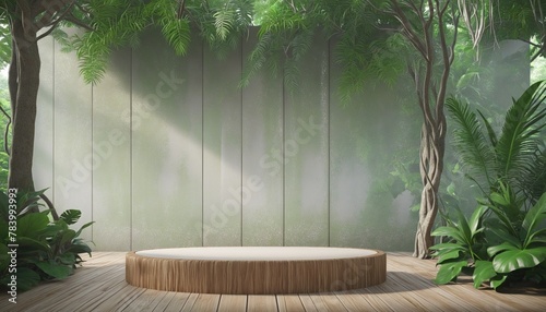 Wooden podium in tropical forest for product presentation in Bright Colours 