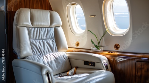 Cabin airplane first class luxury seats for vacation. Corporate airplane travel.