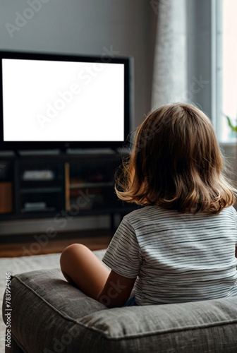 Rear view of little girl kid 5-6 year old watching tv sits on armchair looking cartoon. Adorable dependency girl child, empty isolated screen. Television addiction tv concept. Copy ad text space