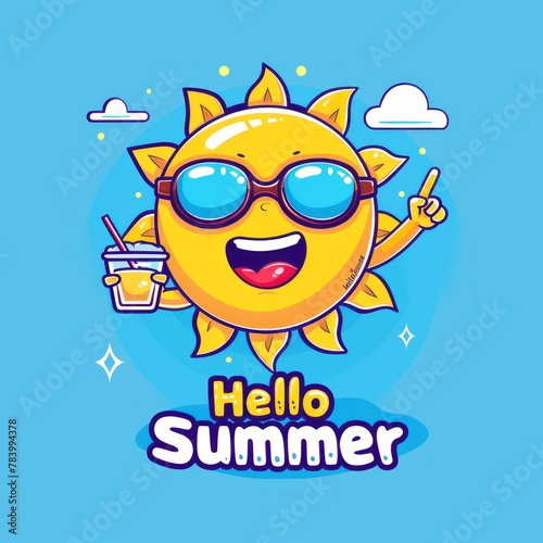 A cheerful cartoon sun with sunglasses and a drink  surrounded by clouds with  Hello Summer  text
