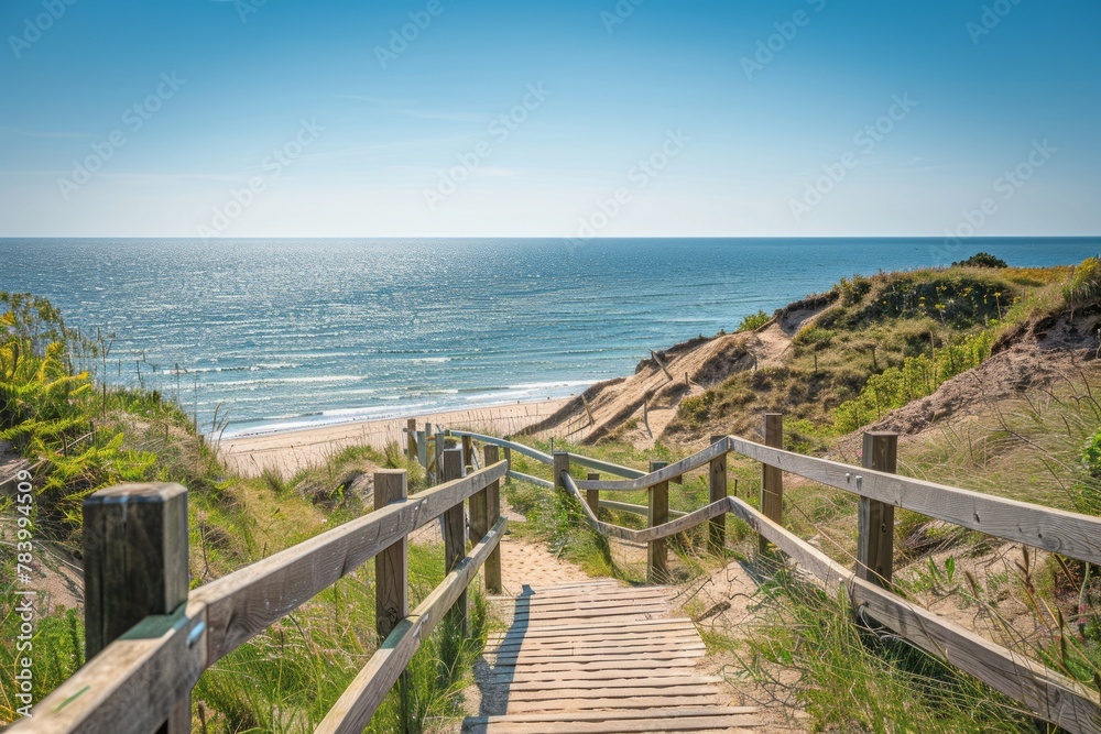 Serene wooden walkway leading down to a bright sunny beach with clear blue skies