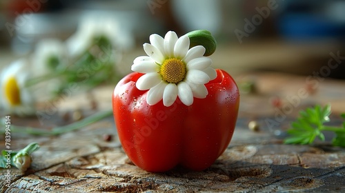  A tight shot of a counterfeit tomato with a bloom atop its stem, resting on a slice of wood