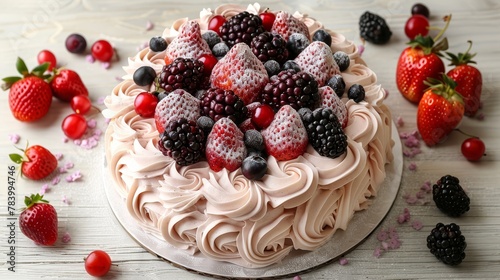  A white table is adorned with a cake topped with strawberries, blackberries, and raspberries