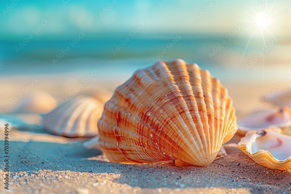 A detailed shot of a seashell illuminated by sunlight against the sandy background of a peaceful beach A detailed shot of a seashell illuminated by sunlight against the sandy background of a peaceful beach