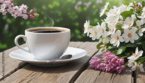Coffee in cup on wooden table with flowers in spring season in Bright Colours 