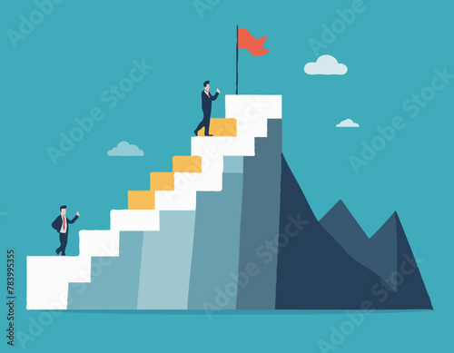 Business step top mountain and flag. stair achievement target concept. mission climbing to success. vector illustration flat design photo