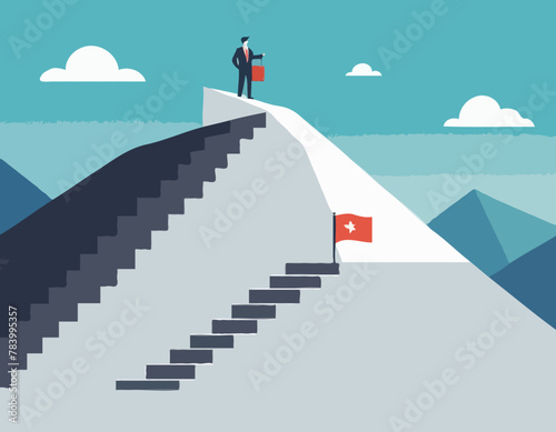 Business step top mountain and flag. stair achievement target concept. mission climbing to success. vector illustration flat design