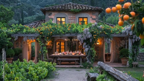  A house with oranges growing on its roof, and a table in the middle of the front yard