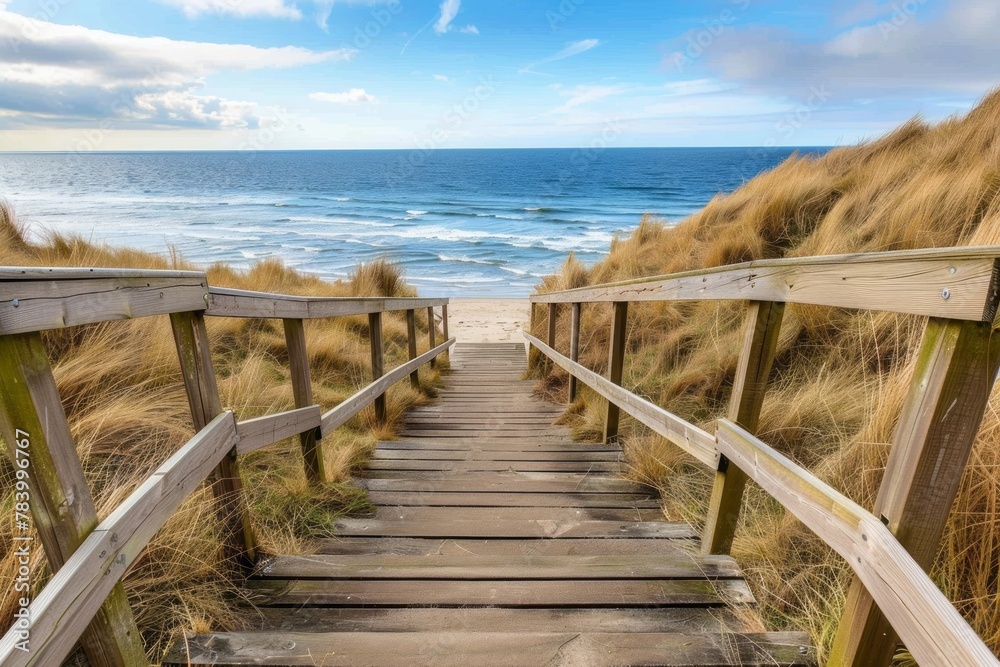 Wooden boardwalk leading through dunes with tall grasses towards the serene ocean horizon