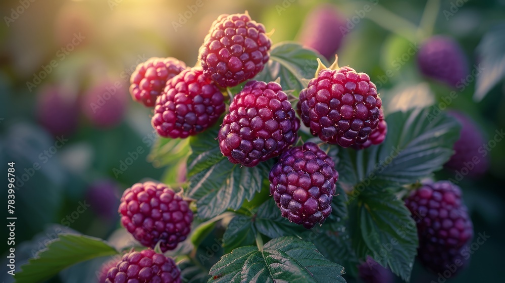 A bush adorned with numerous raspberries in foreground, leaves present Sun glows behind A bush adorned with numerous raspberries in foreground, leaves present Sun glows behind