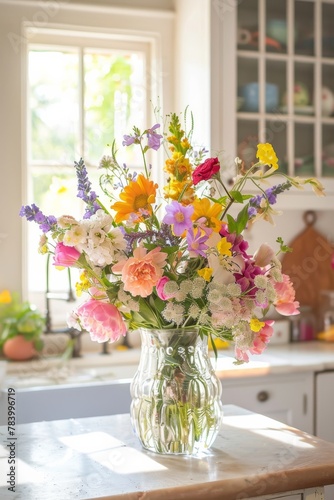 Vibrantly hued flowers fill a clear vase set on a kitchen counter, bathed in natural morning light from the window