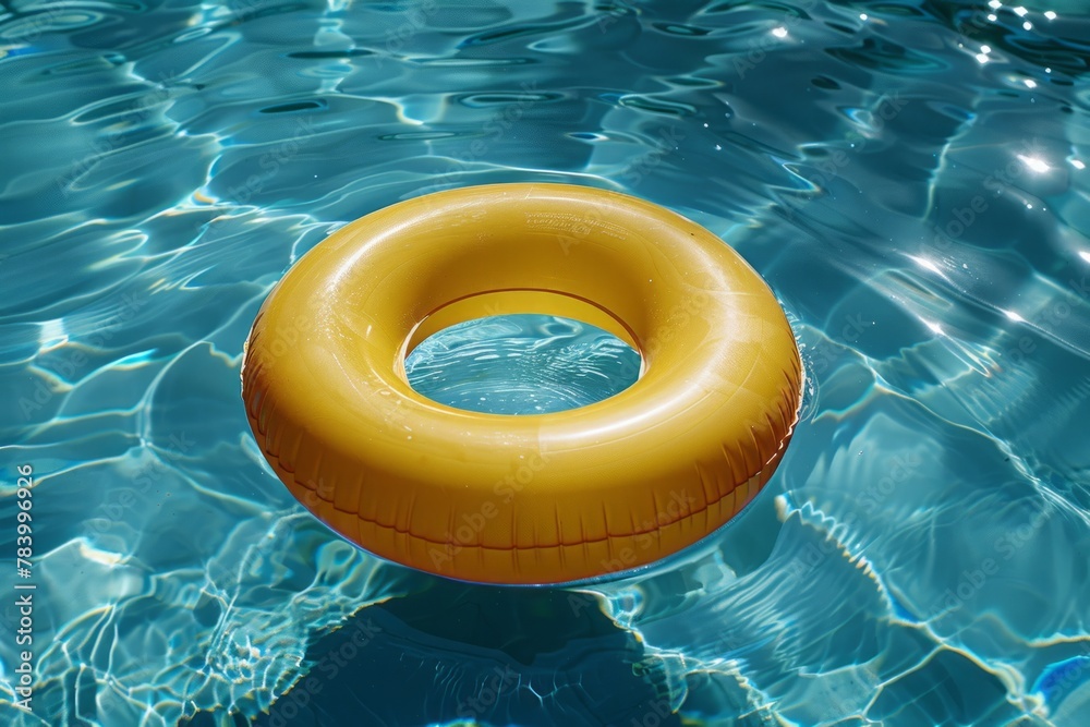 Warm sunlight casts on a vibrant yellow pool ring floating in the clear blue water of a tranquil pool Warm sunlight casts on a vibrant yellow pool ring floating in the clear blue water of a tranquil pool
