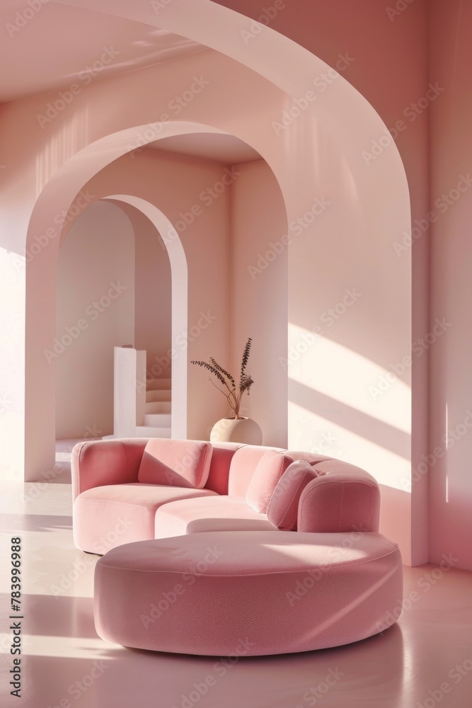 A contemporary interior space featuring a curved pink sectional sofa, sleek archways, and a warm, inviting tone set the scene for elegance A contemporary interior space featuring a curved pink sectional sofa, sleek archways, and a warm, inviting tone set the scene for elegance