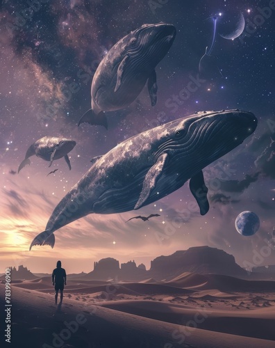 A magical scene with a man observing giant whales floating amidst planets in a twilight desert