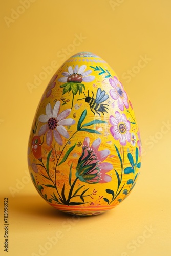 A charming Easter egg  meticulously painted with spring flowers  ladybug  and butterfly on a sunny yellow background