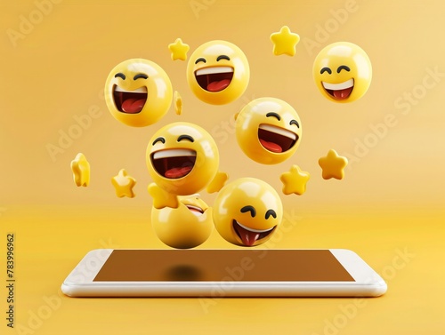 Emojis flying out of a digital device, symbolizing engaging and emotive social communication and feedback ar 52 photo