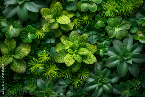 Cluster of green plants growing on green wall natural wallpaper background