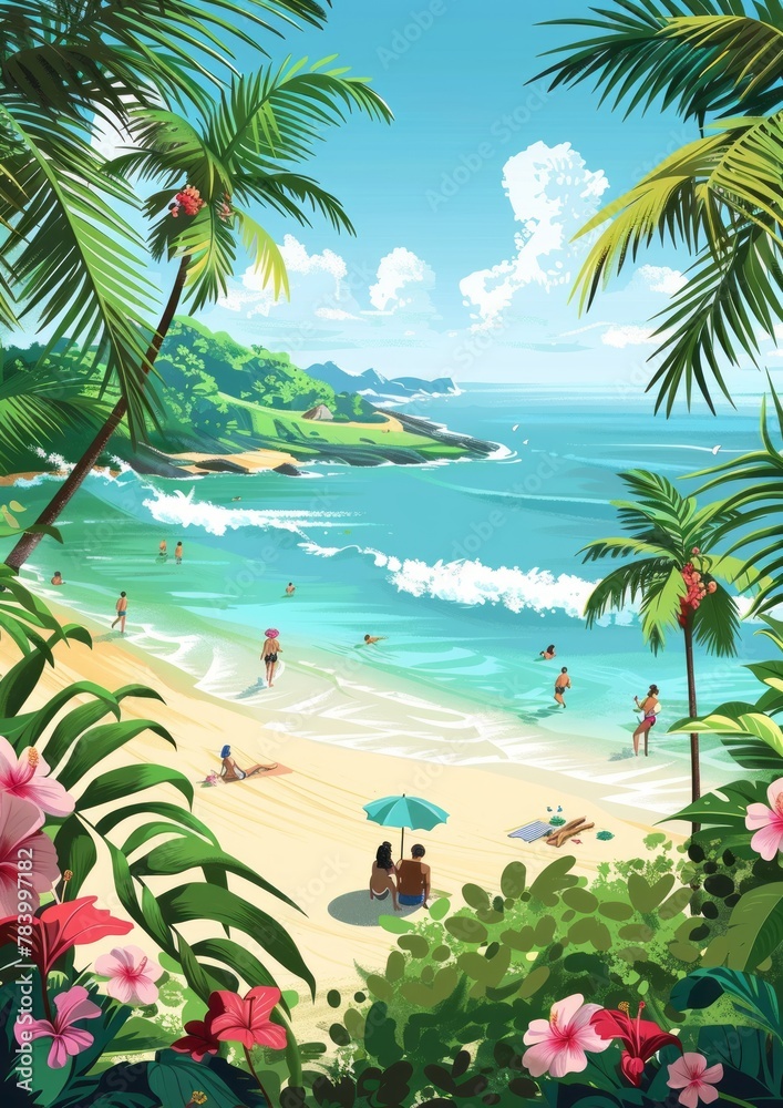 Colorful illustration of tourists enjoying a sandy beach with lush palm trees and a serene blue ocean