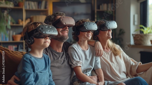 Family sitting on the sofa wearing virtual reality glasses. AI generation.