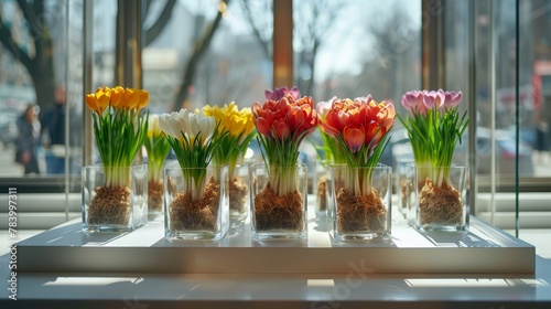   A window sill is home to a row of vases, each holding flowers These floral arrangements sit in front of a window