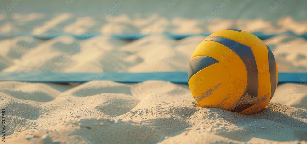 An up-close view of a beach volleyball on the sand, with a highlighted texture, under the soft lighting of a setting sun