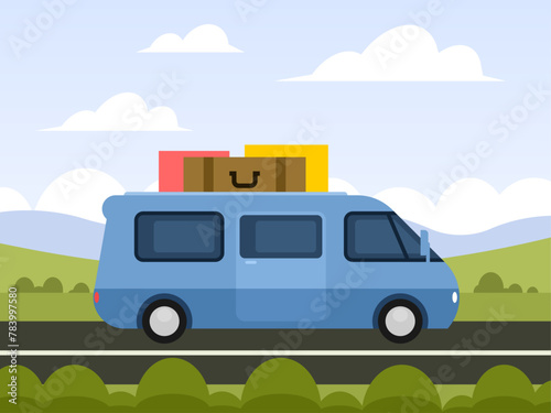 Camper van with suitcases driving on the road against the background of a beautiful rural landscape. Vector graphics