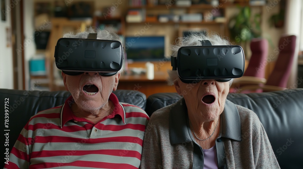 Funny surprised elderly man and woman in virtual reality helmets. AI generation. Funny surprised elderly man and woman in virtual reality helmets. AI generation.