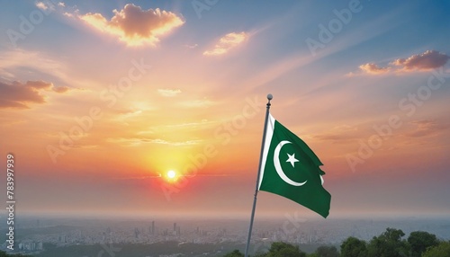 bright colours illustration of the pakistan national flag with a sunset in the background in bright colours 